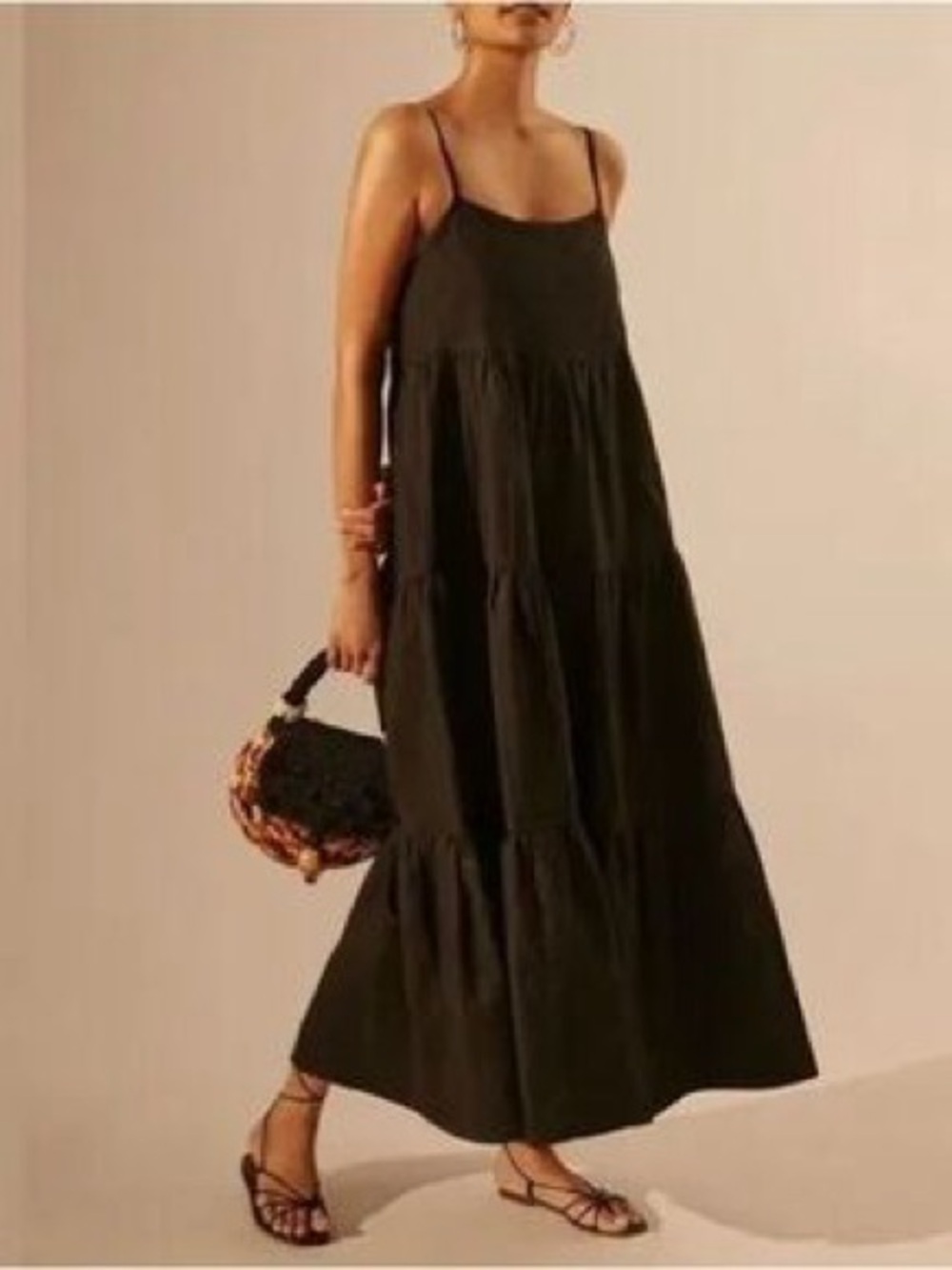 Charlie Holiday Black Tiered Linen Maxi Spaghetti-Strap Dress - XS